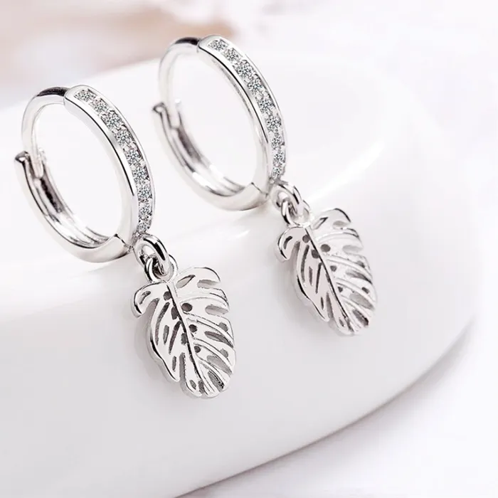 Authentic Sole Memory Fresh Leaves Zircon Pendant 925 Sterling Silver Female Dangle Earrings For Women Girl Luxury Party EA780