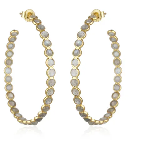 Authentic Labradorite Gemstone 925 Silver Gold Plated Women's Designer Hoop Earring