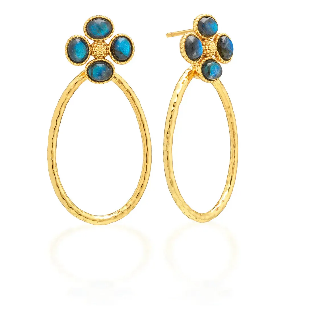 Authentic Brass Yellow Gold Plated Labradorite Berry Clover Teardrop Earrings