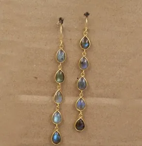 Authentic Labradorite Gemstone Gold Plated Party Wear Earrings 925 Sterling Silver Jewelry