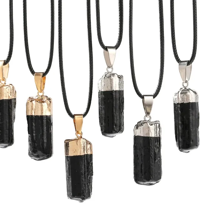 Authentic Black Tourmaline Stone Irregular Crystal Cylinder Pendant Gold Plated Wrapped Edge Charms Diy Jewelry Making