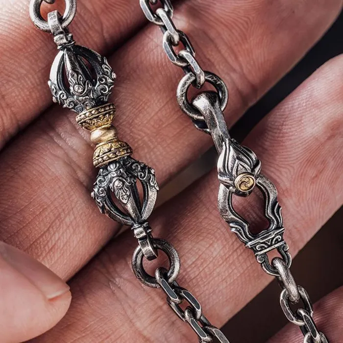 Authentic Tibetan Style Buddhist Vajra Pendant Necklace Silver Tone Cross Chain Individual Artistic Jewelry