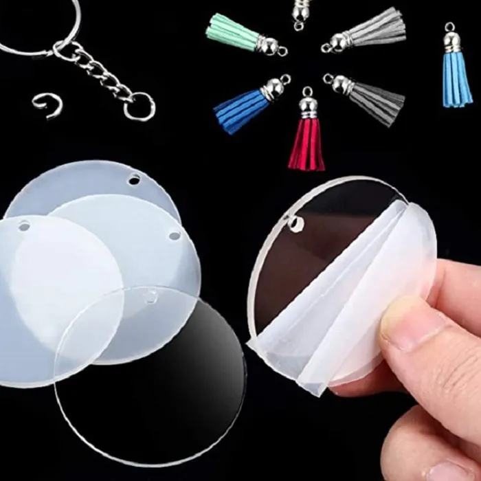 Authentic 48 Acrylic Keychain Blanks With Key Rings Round Clear Discs Circles Colorful Tassel Pendant Jump Rings For Diy Craft