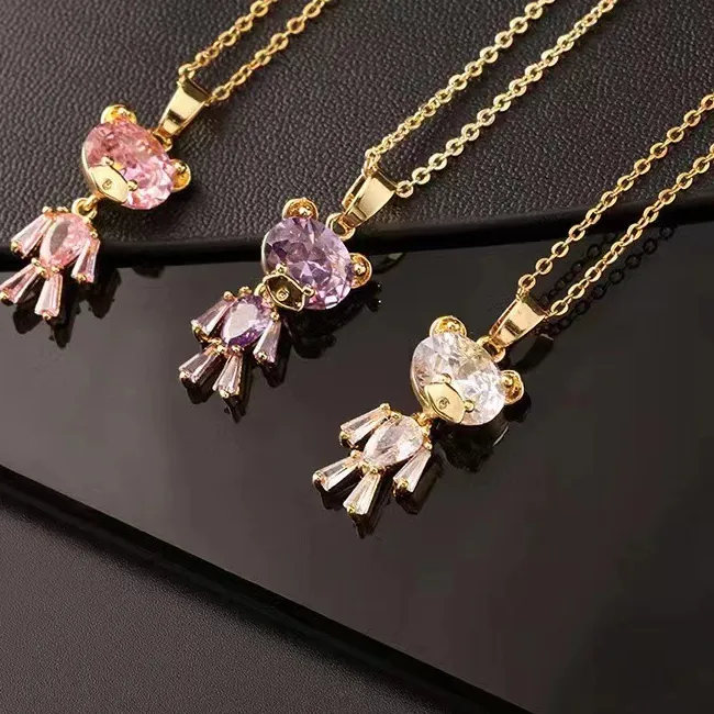 Authentic 2025 New Hot Sale Cute CZ Teddy Chunky Big Crystal Bear Heart Charms For Women CZ Rhinestone Necklace Gold Plated Jewelry Gifts
