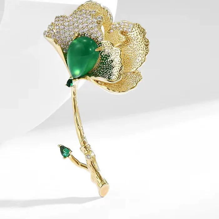 Authentic Golden Ginkgo Leaf Brooches Rhinestone Plant Jewelry With Green Stone