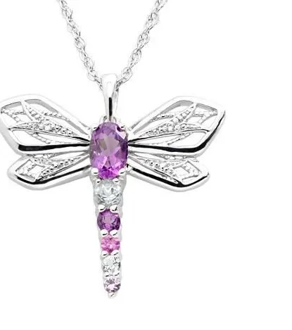 Authentic Mystic Dragonfly Amethyst Talisman – 0.75 Ct Oval Simulated Gem on 14K White‑Gold Plated Necklace