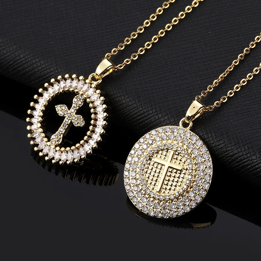 Authentic Luxury 18K Gold Plated Cross Pendant Necklace for Women Men Zircon Inlaid Round Halo Charm Stainless Steel Chain Jewelry Gift