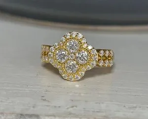 Authentic Round Cut Simulated Diamond Clover Wedding Band Ring In 14k Yellow Gold Plated