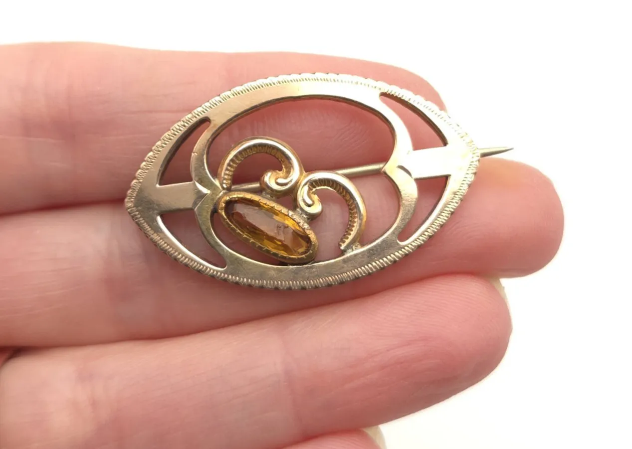 Authentic The Gilded Amber Relic: Victorian Openwork Brooch of Radiant Light