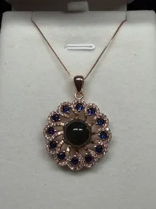 Authentic 925 Sterling Silver with 18K Gold Plated Natural Blue Amber Pendant necklace