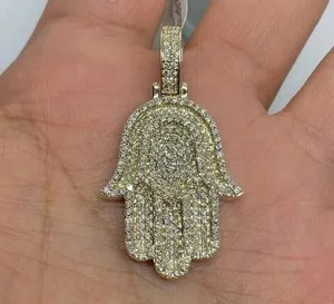 Authentic Men's 2.50Ct Round Cut Moissanite Hamsa Hand Pendant 14K Yellow Gold Plated