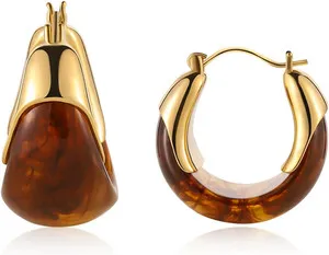 Authentic Amber Resin Hoop Earrings for Women 14K Gold Plated - Hypoallergenic Chunky Gold