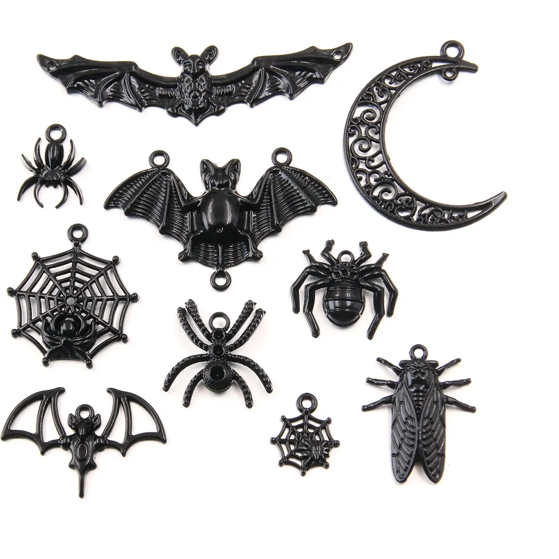 Authentic 10Pcs Black Color Mix Size Animal Spider Bat Bug Black Charms Moon Connector For Jewelry Making Diy Handmade Craft