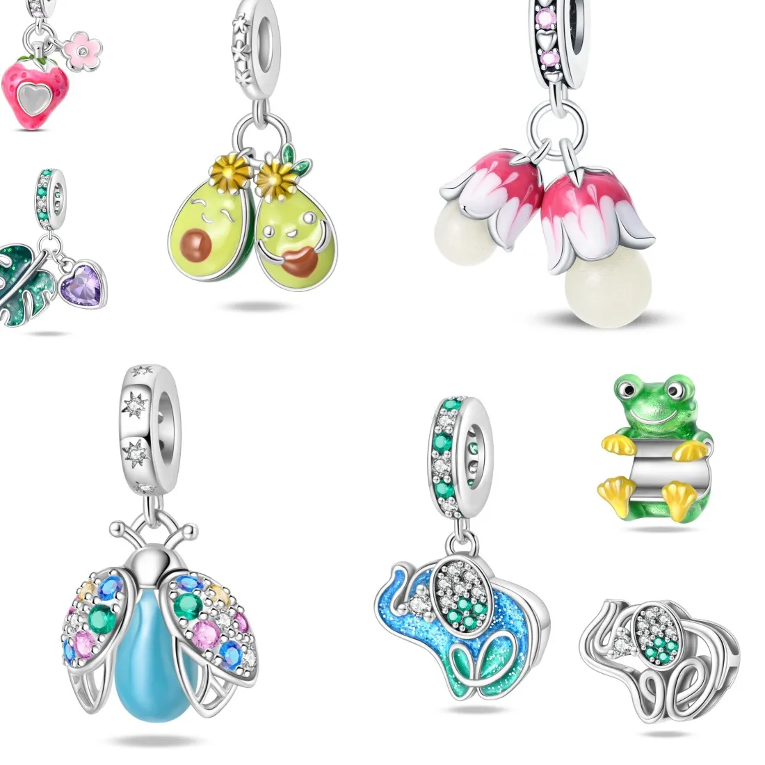 Authentic Original Charms Silver Plated Beads Fit Bracelets Bag Charms Diy Accessory Leaf Flower Bug Fruit Green Stone Spacer
