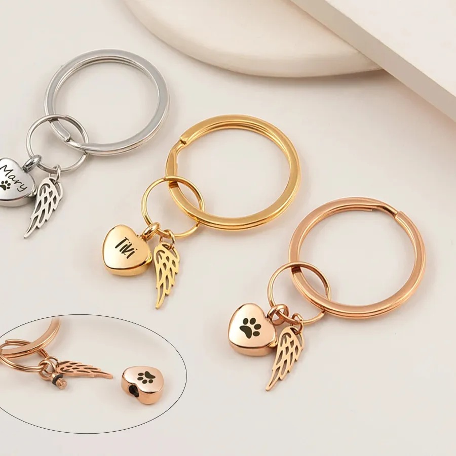 Authentic Mini Heart Cremation Keychain With Angel Wing Keyring For Ashes Customize Name Text Keepsake Urn Jewelry