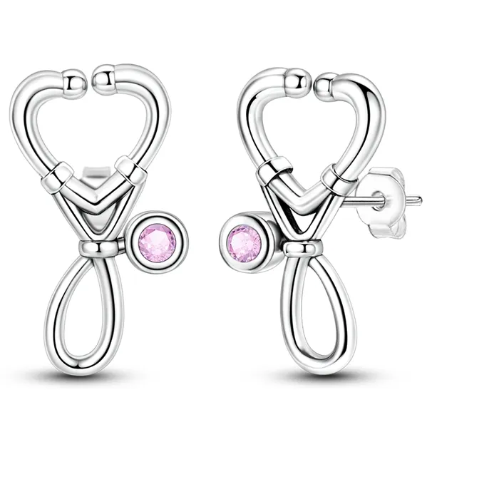Authentic 925 Sterling Silver Heart- Shaped Stethoscope Stud Earrings Fine Anniversary Jewelry