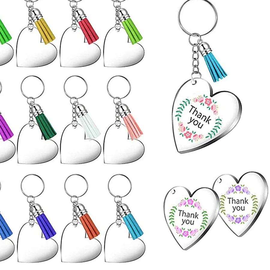 Authentic 40Pcs Acrylic Discs Clear Heart Keychain Blanks Charms&Colourful Tassel Key Rings For Diy Crafts Jewelry Making