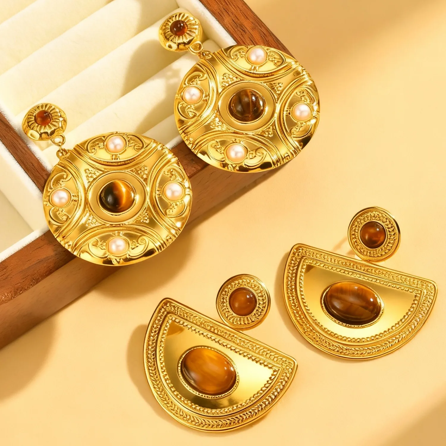 Authentic Ancestral Stone Disc Earrings Ethnic Textured Gold- Plated Talisman Drops