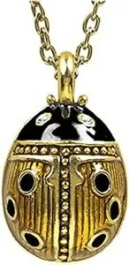 Authentic Easter Egg Solid Ladybug Pendant Gold & Black Enamel 18" Chain, Gold Plated