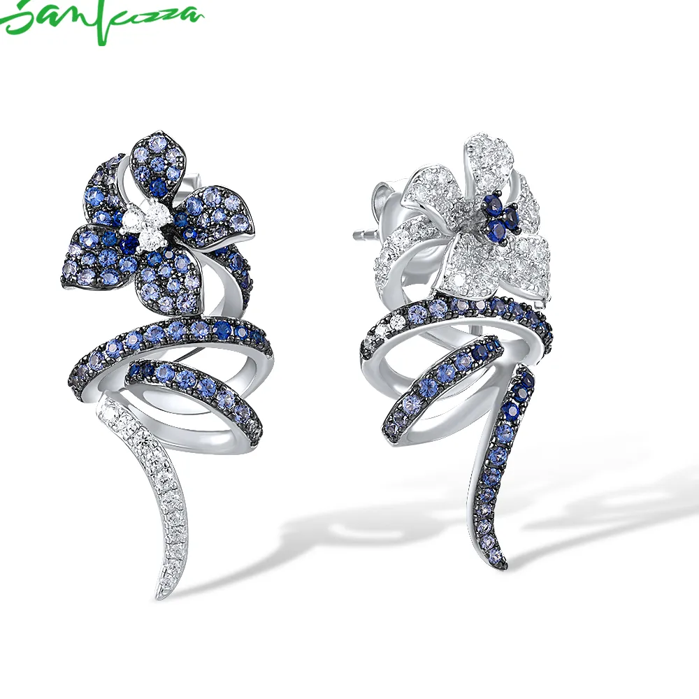 Authentic Santuzza 925 Sterling Silver Stud Earrings Sparkling Blue White Exquisite Twist Vine Flower Fine Jewelry