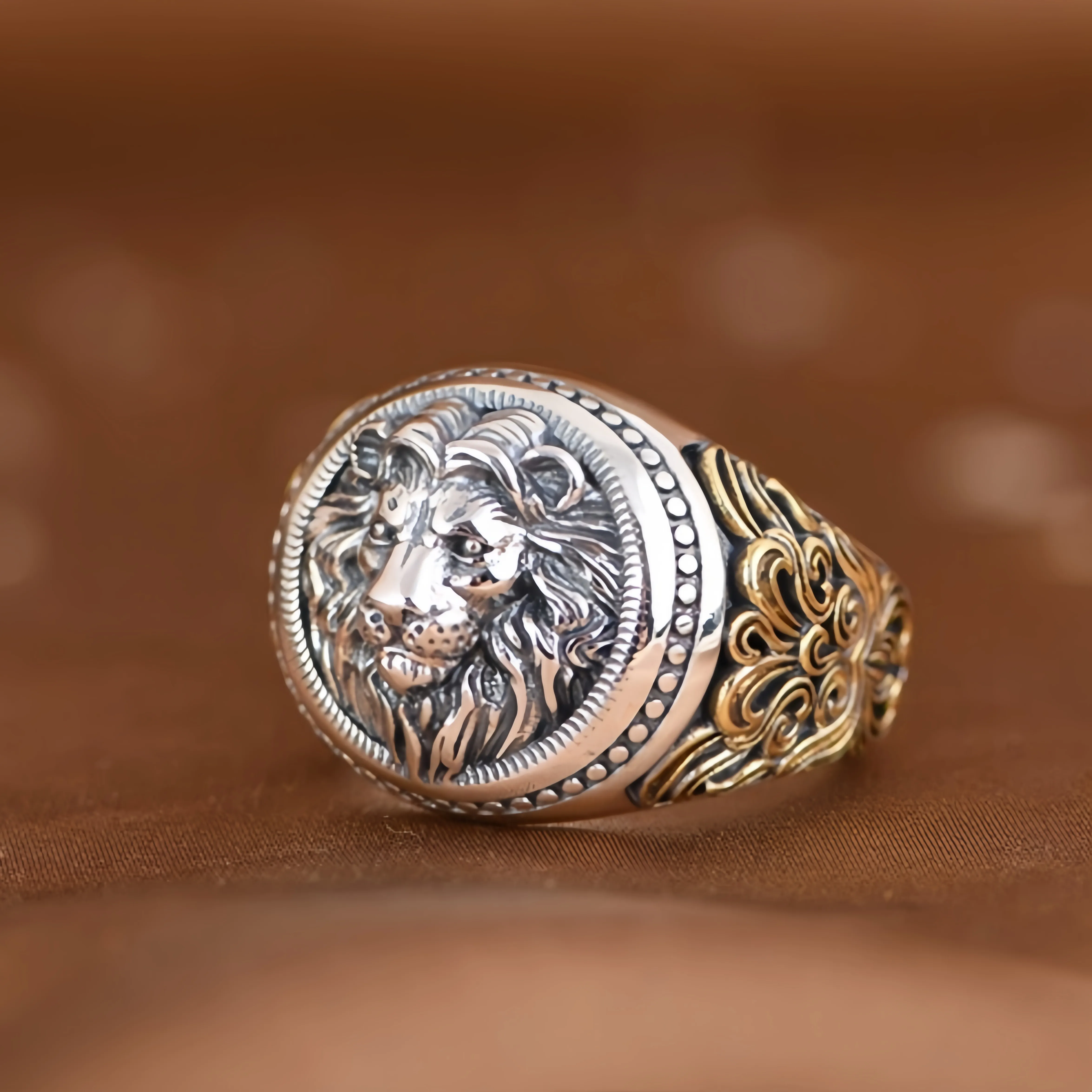 Authentic Lion Golden Ivy Vine Adjustable Open Ring Punk Gothic Edgy Silver- Plated Jewelry Bikers Accessories For Him