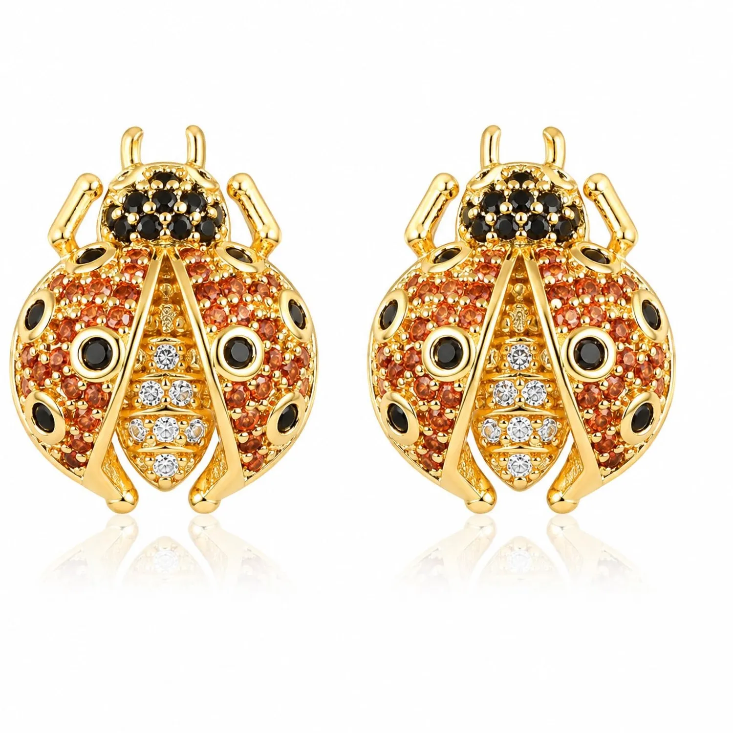 Authentic Starlit Ladybug Studs – 14K Gold‑Plated, Ruby‑Black Cubic Zirconia