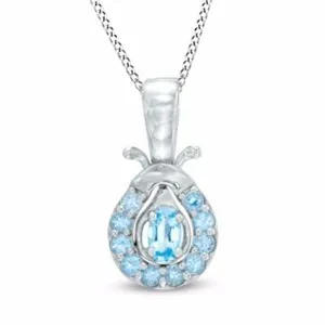 Authentic Celestial Ladybug Amulet - Simulated Blue Topaz & 14K White Gold Plated Silver Pendant