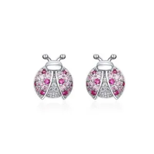 Authentic 1ct Round Cut Simulated Pink Sapphire Ladybug Stud Earring 14K White Gold Plated