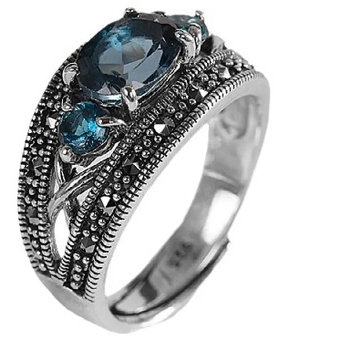 Authentic Natural Blue Topaz Rings Semi- Precious Stone Blue Corundum Ring Thai Silver Marcasite Jewelry 925 Sterling Silver Bijoux