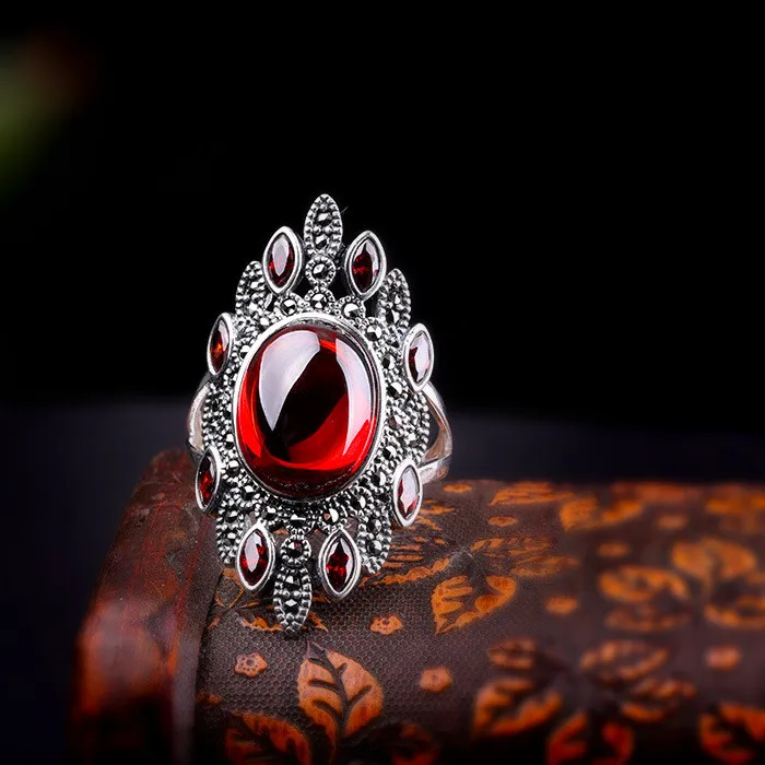 Authentic Crimson Flame Of The Autumn Forest Bohemian Garnet And Marcasite Statement Ring