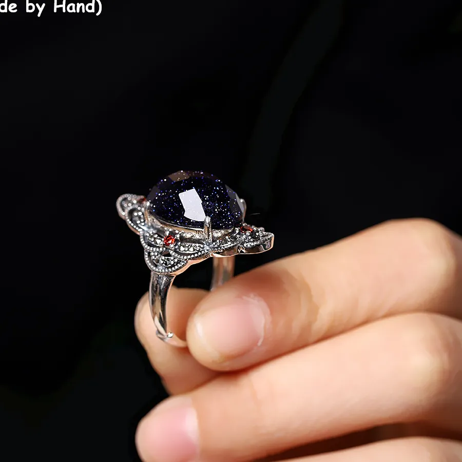 Authentic Uglyless Big Sand Stone Mysterious Dark Blue Rings Thai Silver 925 Sterling Silver Jewelry Marcasite Rings