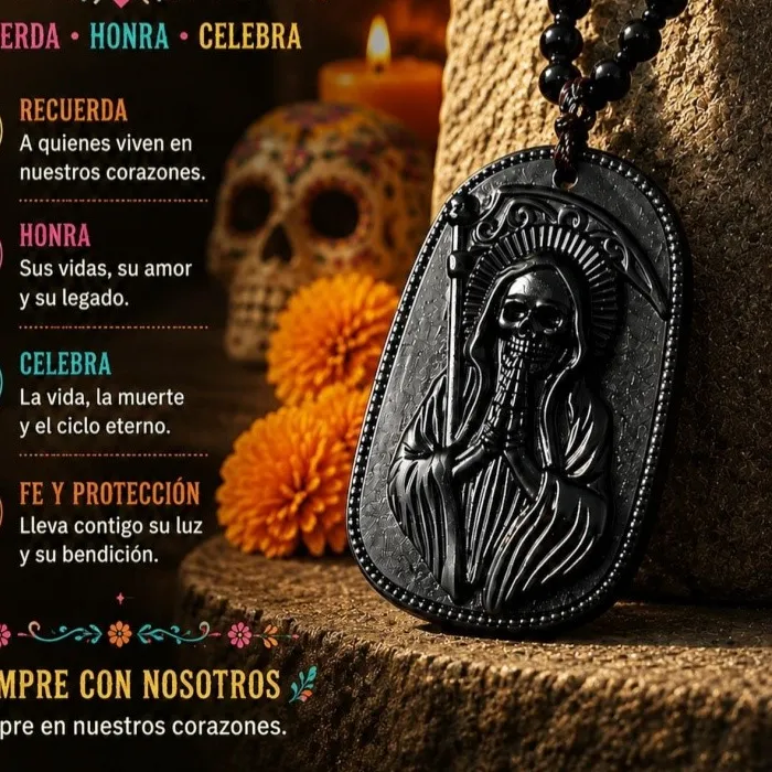 Authentic Santa Muerte Sculpture Dog Tag Necklace For Mexican Day Of The Dead Grim Reaper In Black Robe Holding Scepter Protective Amulet