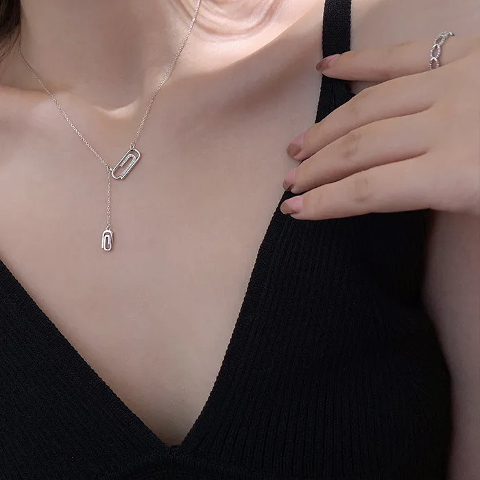 Authentic Livvy Silver Color Necklace Paper Clip Shape Micro- Inlaid Shiny Zircon Jewelry