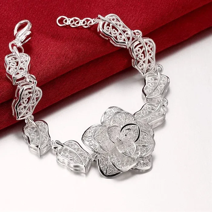 Authentic 925 Sterling Silver Bracelet For Woman Beautiful Big Flower Fine Jewelry