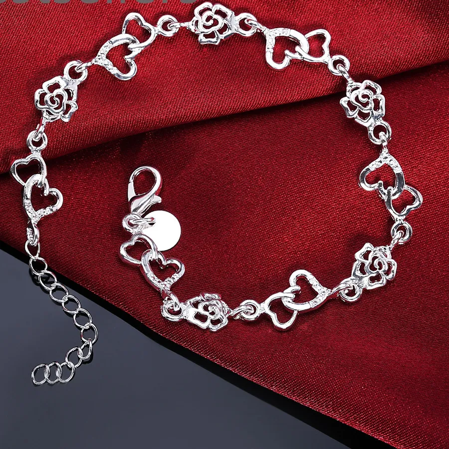 Authentic Beautiful 925 Sterling Silver Bracelet Heart Lovely Chain Lady Nice Jewelry