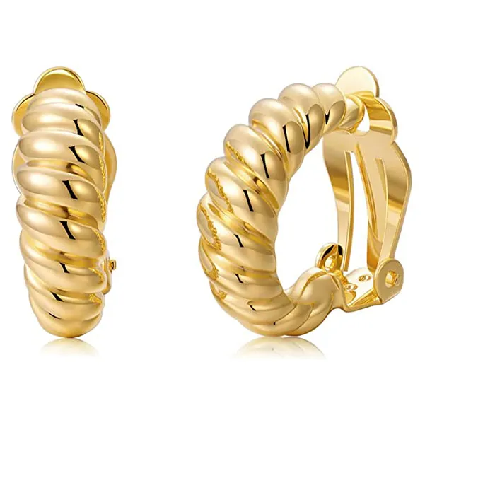 Authentic Croissant Chunky Gold Hoop Clip On Earrings Hypoallergenic Without Piercing Aretes Jewelry