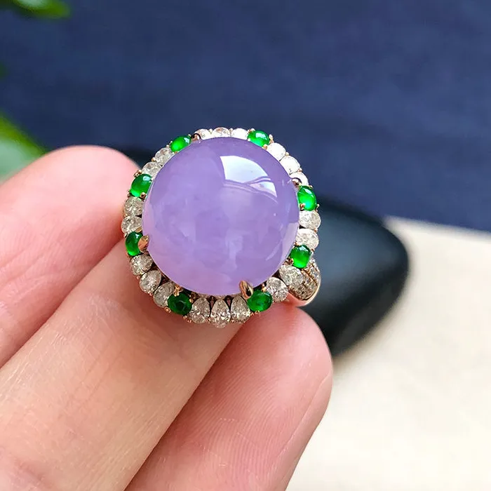 Authentic Natural High Ice Violet Chalcedony Large Egg Face Ring Silver Inlaid Surrounding Diamonds Exquisite Romantic Ladies Jewelry