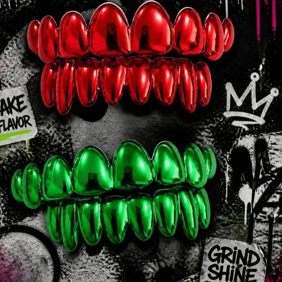 Authentic 2Pcs Glossy Finish Teeth Grillz Top Bottom Anti Slip Eco- Friendly Teeth Grillz Caps Shiny Red Teeth Jewelry