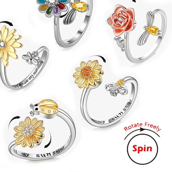 Authentic Exquisite Spinning Sunflower Bee Anxiety Ring Adjustable Fidget Spinner Rings Jewelry Summer Design Anillos