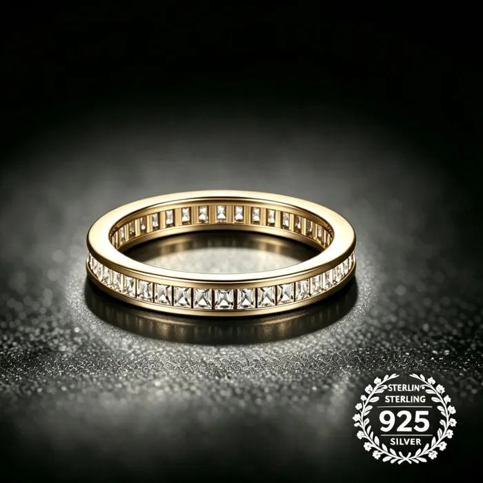 Authentic 925 Sterling Silver Baguette Cut Full Eternity Band Ring Zircon Multi Tone Stackable Fine Jewelry