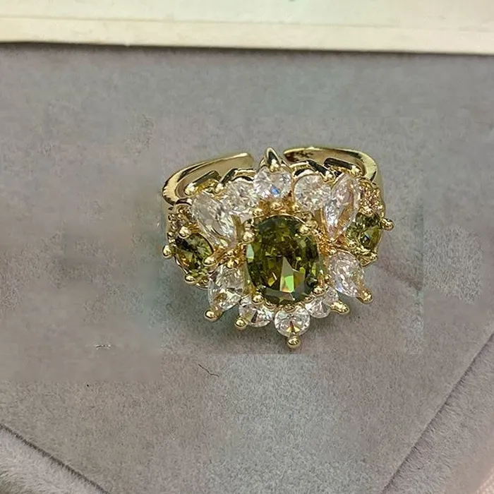 Authentic Elegant Open Ring With Olive Green Zirconia Detailed Design Fashionable Jewelry Accessory Stylish And