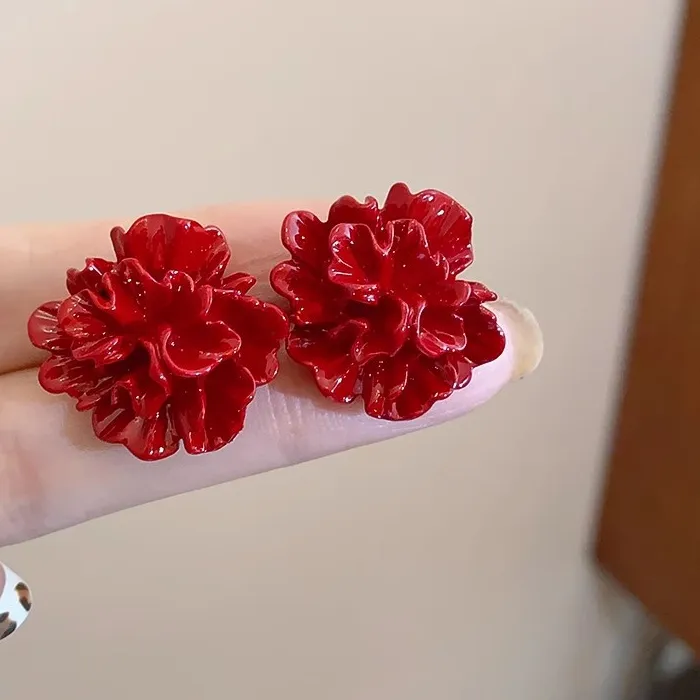 Authentic Red Acrylic Big Flower Stud Earrings Elegant Jewelry Fold Petal Earrings Accessories Girls