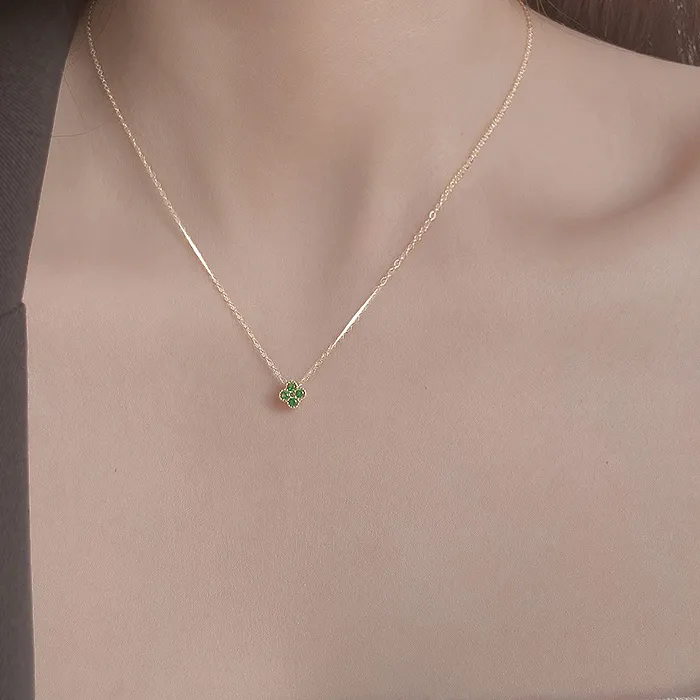 Authentic 925 Sterling Silver Green Zircon Petal Necklace Exquisite Collarbone Chai Necklace Jewelry Accessories