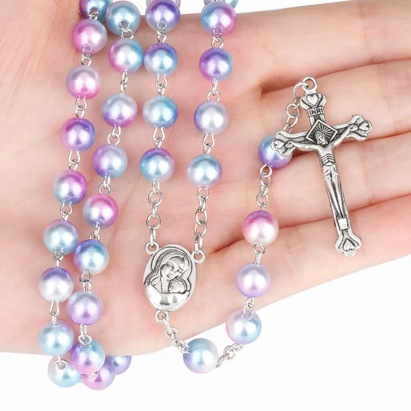 Authentic 12 Colors Religion Rosary Necklace Christian Virgin Mary Jesus Cross Pendant Long Beads Chains Jewelry