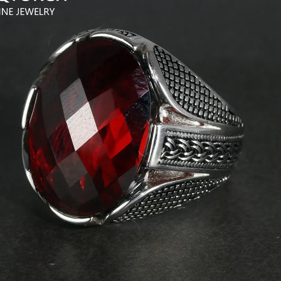 Authentic Real Pure 925 Sterling Silver Rings With Red Color Zircon Stone Faceted Rings Turkish Jewelry