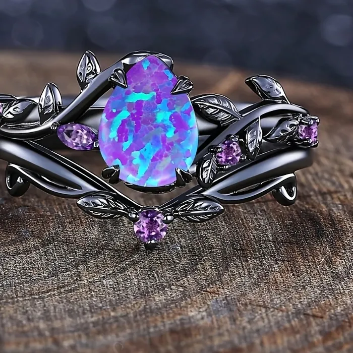 Authentic Elegant And Luxurious Synthetic Opal Vine Leaf Ring Jewelry Accessory Valentine's Day