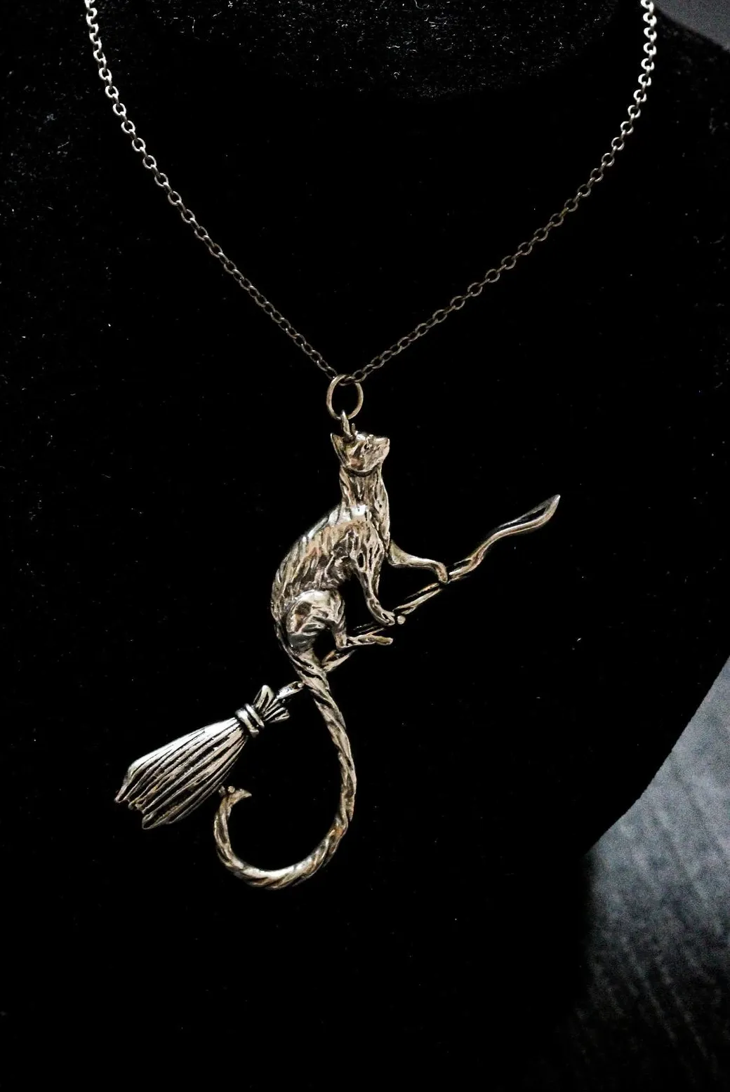 Authentic Moonlit Familiar The Black Cat And Broom Talisman Pendant