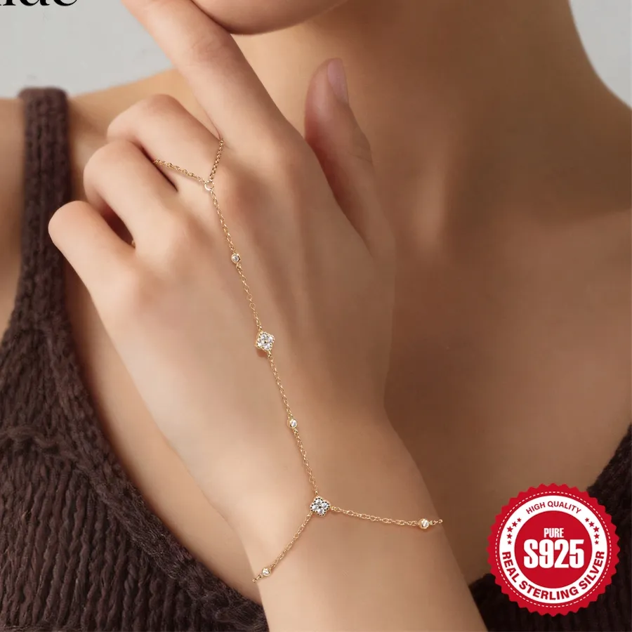Authentic Aide 925 Sterling Silver Four- Petal Flower Chain Bracelet Finger Design Classic Adjustable Jewelry