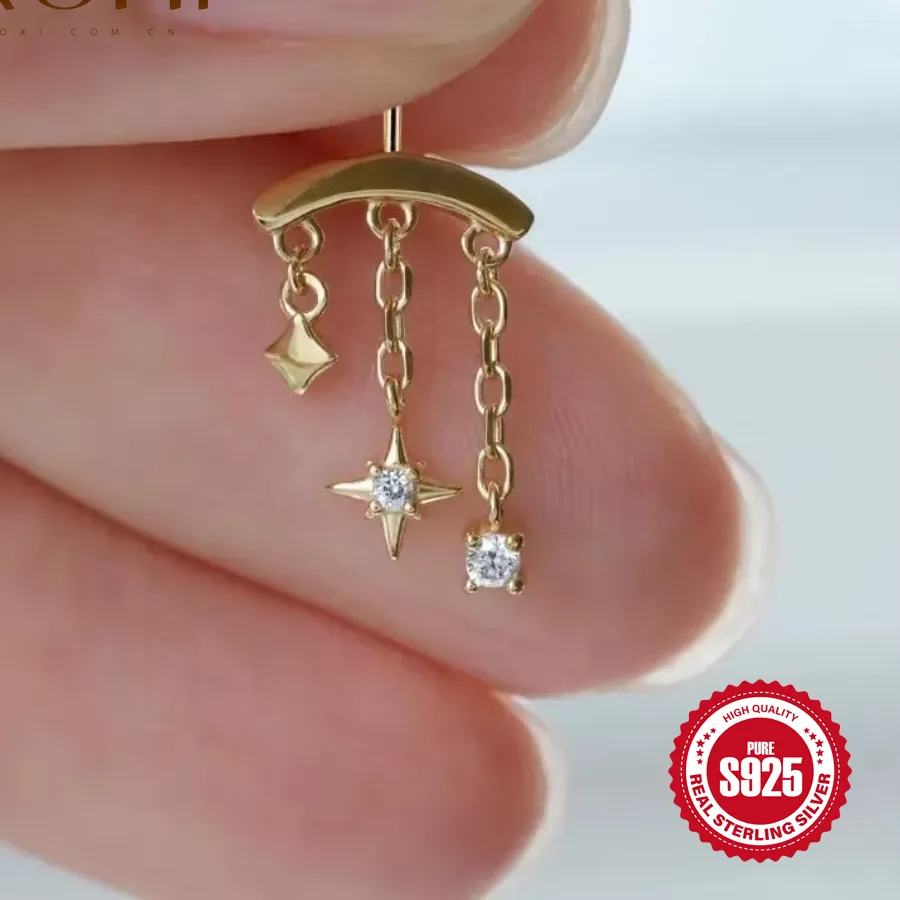 Authentic Celestial Tassel Earring Sterling Silver Star And Moon Pendant For Piercings