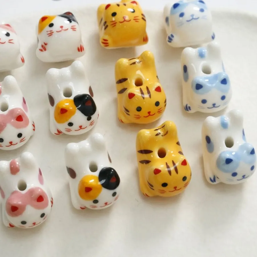 Authentic Ceramic Calico Cat Beads Ginger Cat Beads Diy Jewelry Accessory Fortune Cat Loose Spacer Kitty Beads For Diy Jewelry
